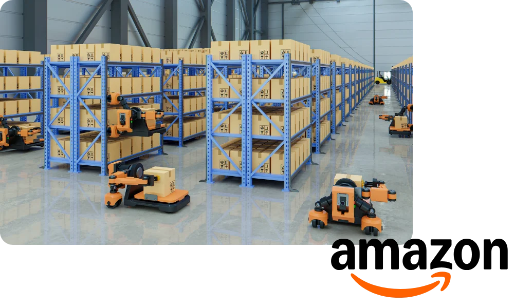 Automated warehouse shelves with the Amazon logo