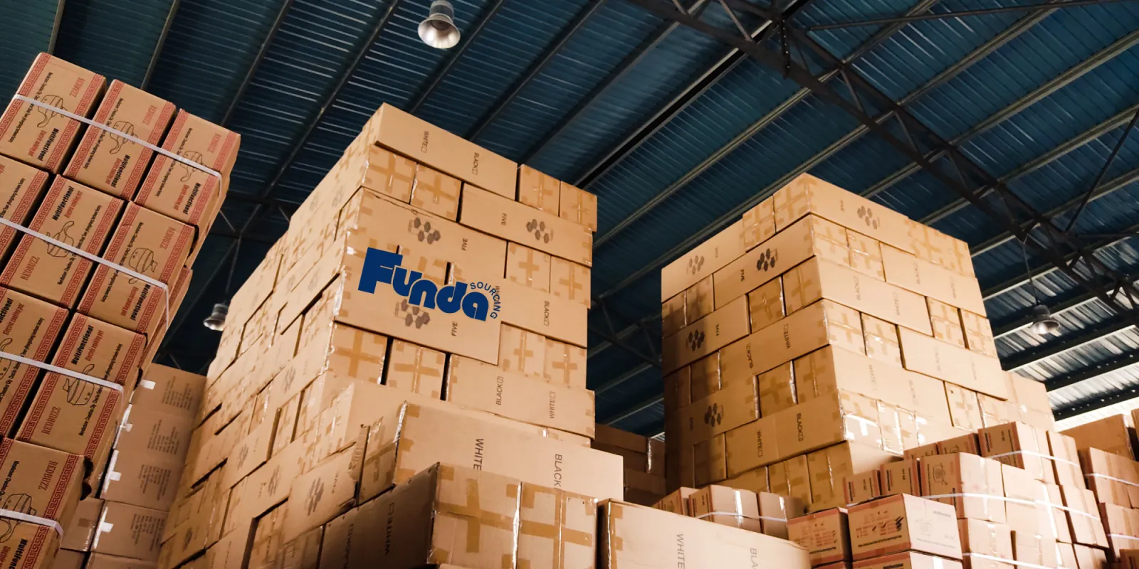Product cartons stacked in a warehouse